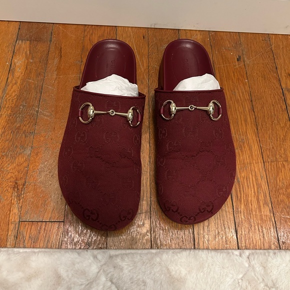 Gucci "Sol" monogram cotton canvas mules with golden bit strap /color burgundy - Picture 9 of 15
